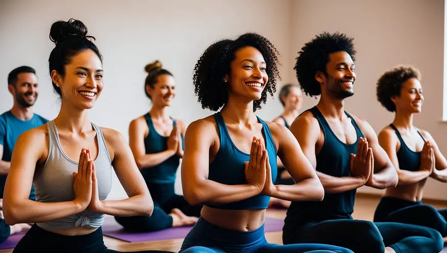 Group of diverse individuals practicing yoga together, symbolizing social connection and community.