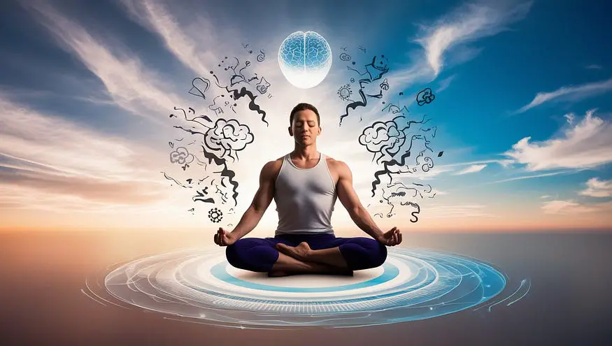 Person in a yoga pose with chaotic thoughts turning into clear skies, representing mental clarity.