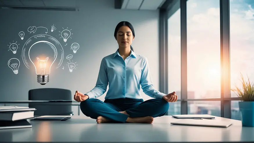 Person meditating in an office environment with creative ideas flowing around them, symbolizing balance between work and creativity.