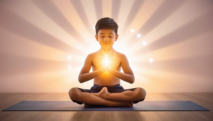 Child practicing yoga with glowing light from the heart, symbolizing spiritual growth and inner peace.