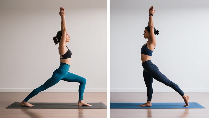 Side-by-side comparison of a person practicing basic and advanced yoga poses, showcasing physical transformation.